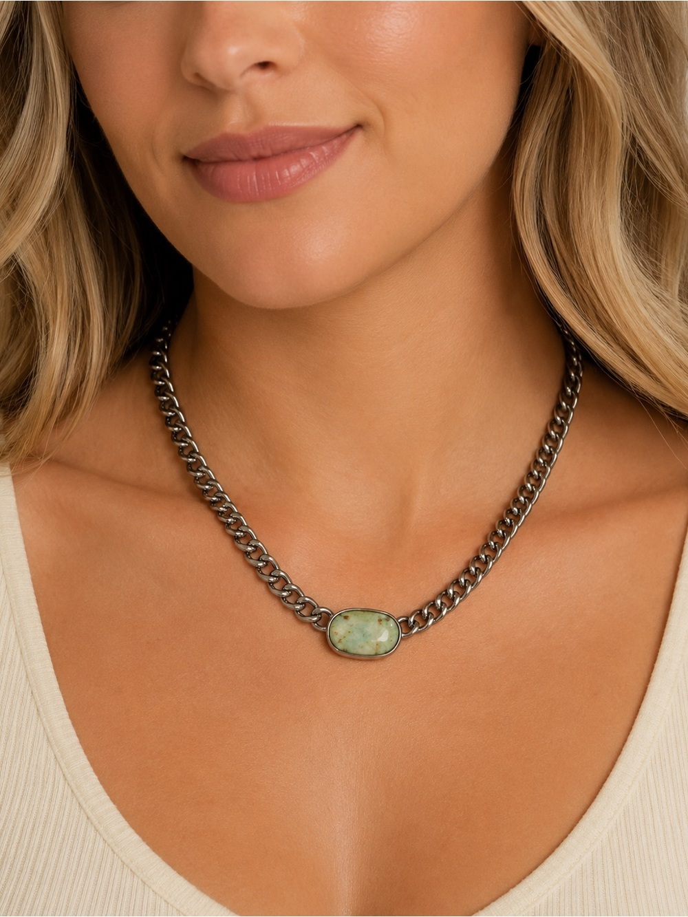 Kendra Scott Silver-Tone curb Chain Necklace Green Stone Accent